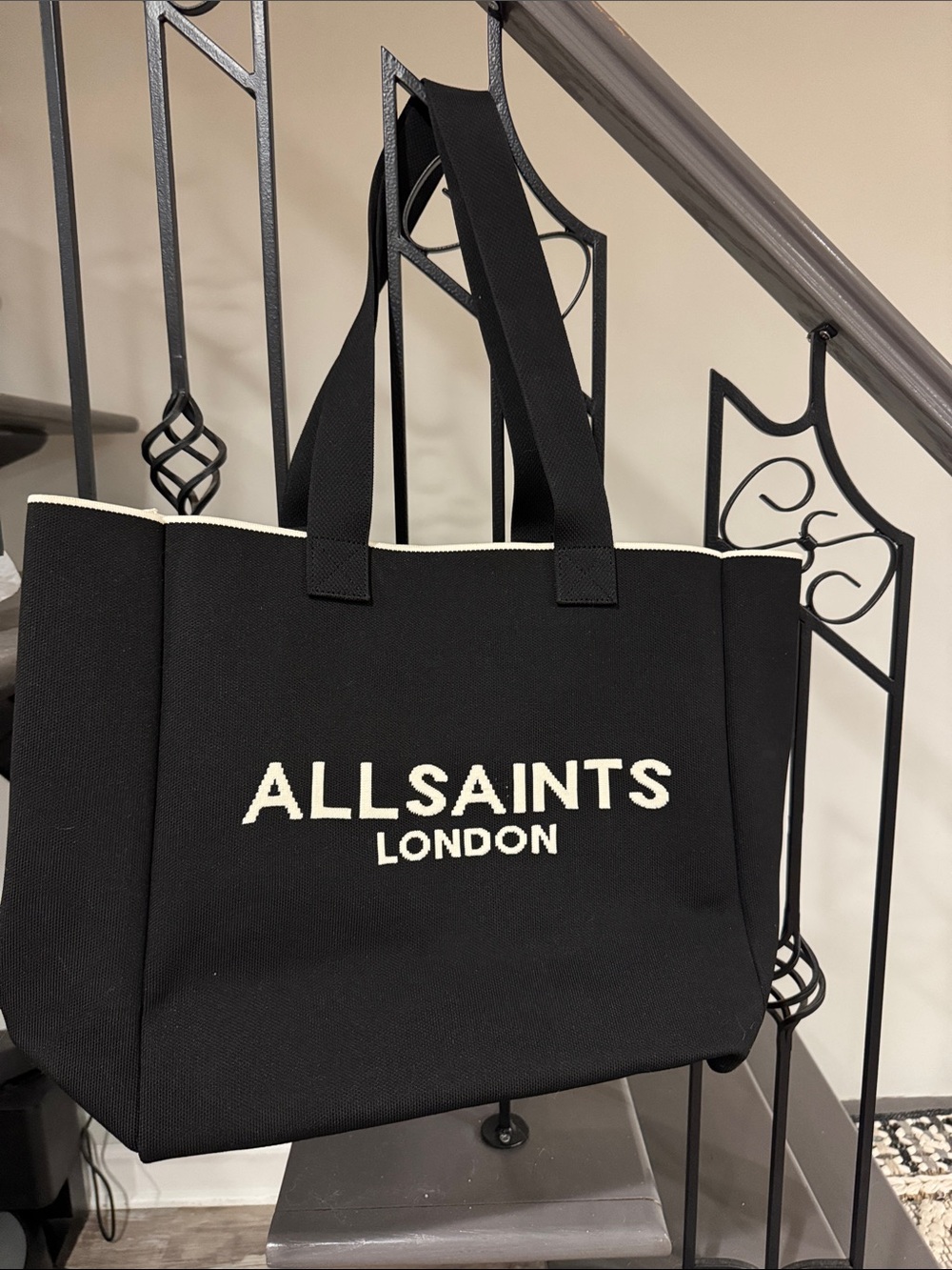 All Saints Black Canvas Tote with Cream Logo